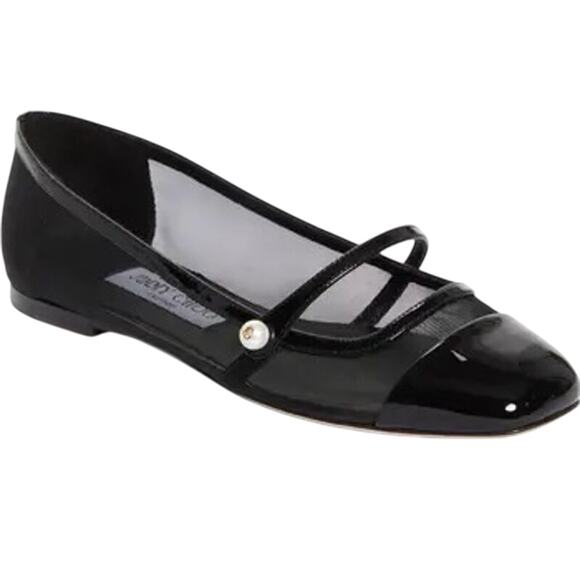 Jimmy Choo NIB Elisa Mesh Patent Leather Flat in Black Size 38 - Picture 1 of 11